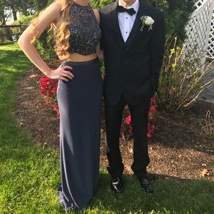 Beautiful dark gray beaded 2 piece prom dress
